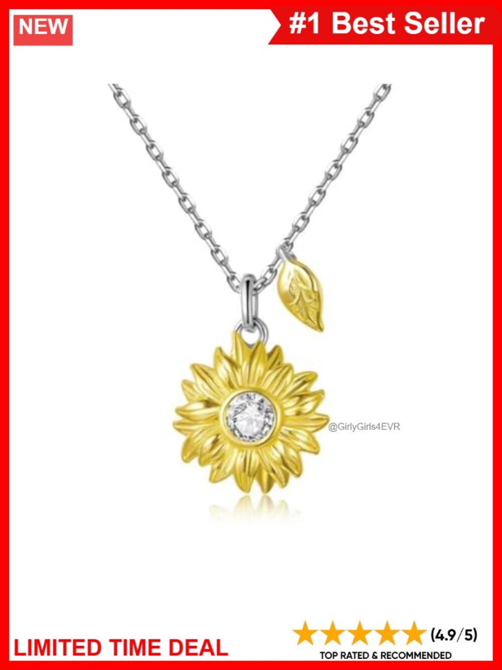 S925 Sterling Silver Sunflower Pendant Necklace 18K Gold Plated CZ